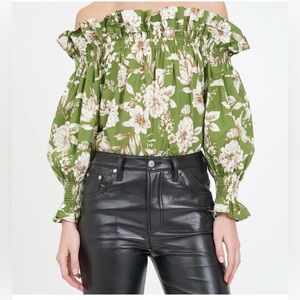 Christy Green Floral Ruffled Long Sleeve Blouse
